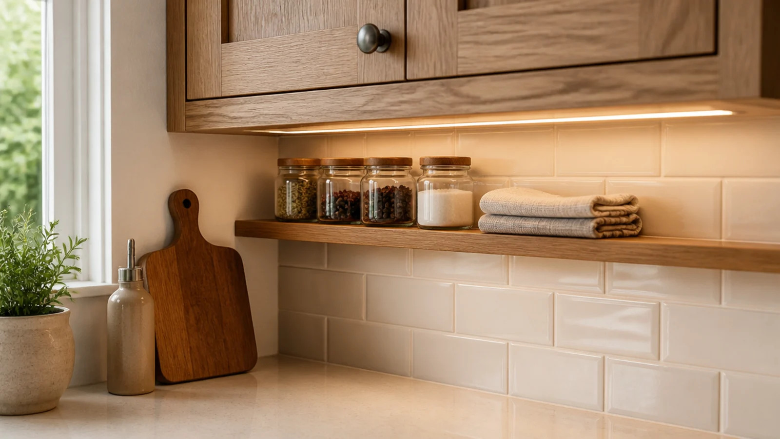small shelf fitted beneath an upper cabinet in a kitchen corner