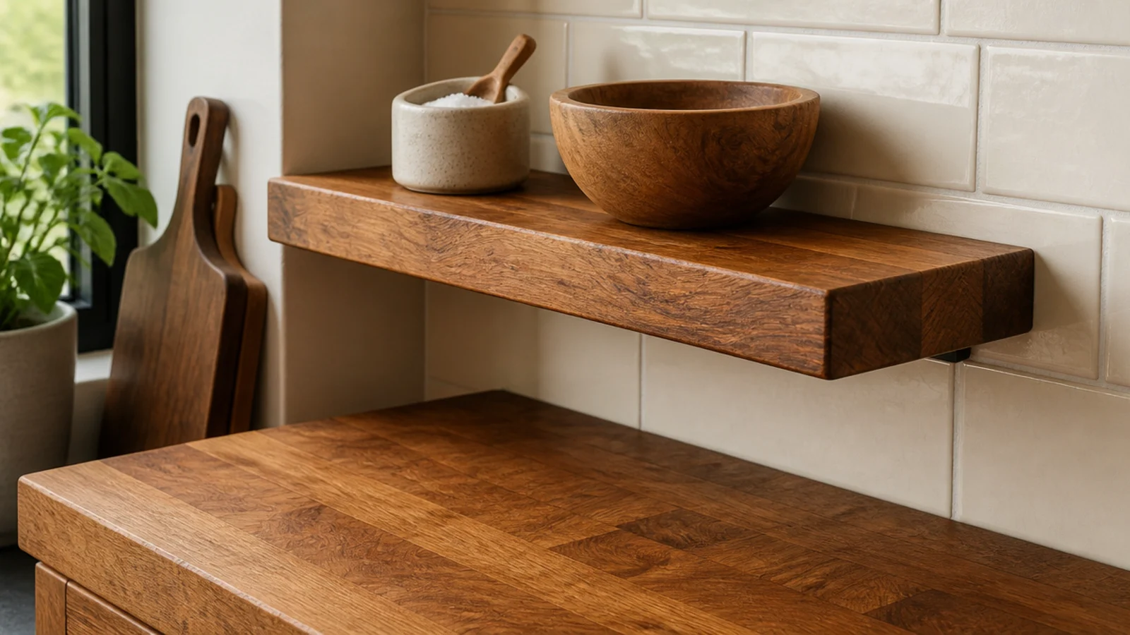chunky butcher block offcut shelf above a wooden kitchen counter