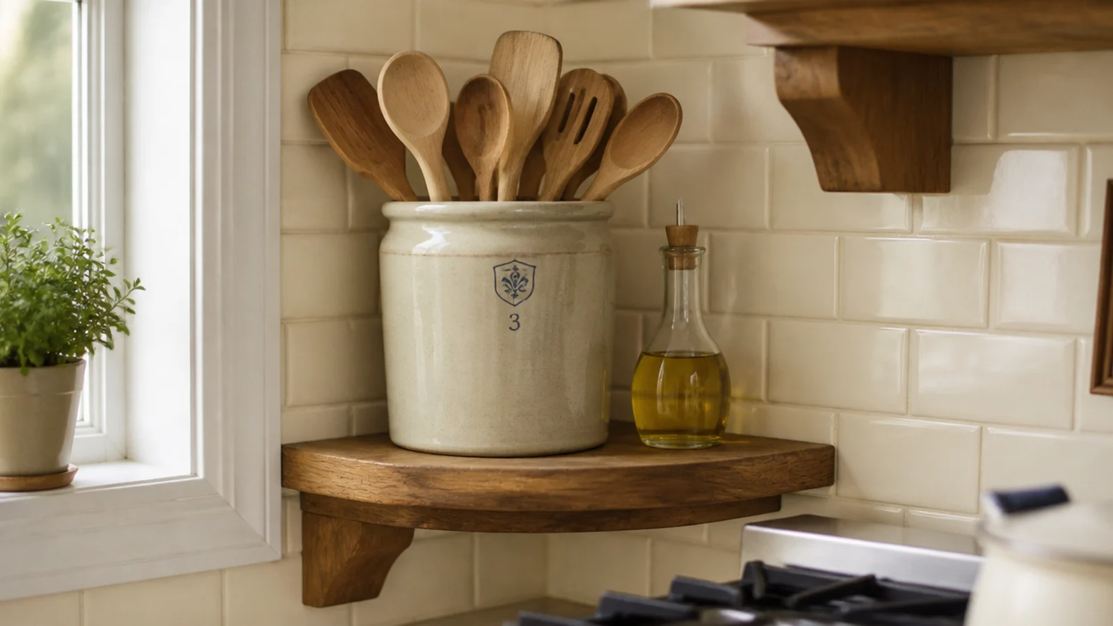 large stoneware crock of wooden utensils on a kitchen corner shelf