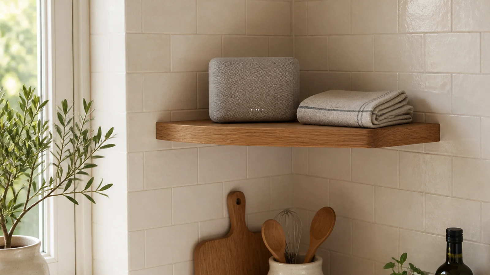 small fabric speaker on a kitchen corner shelf above the counter