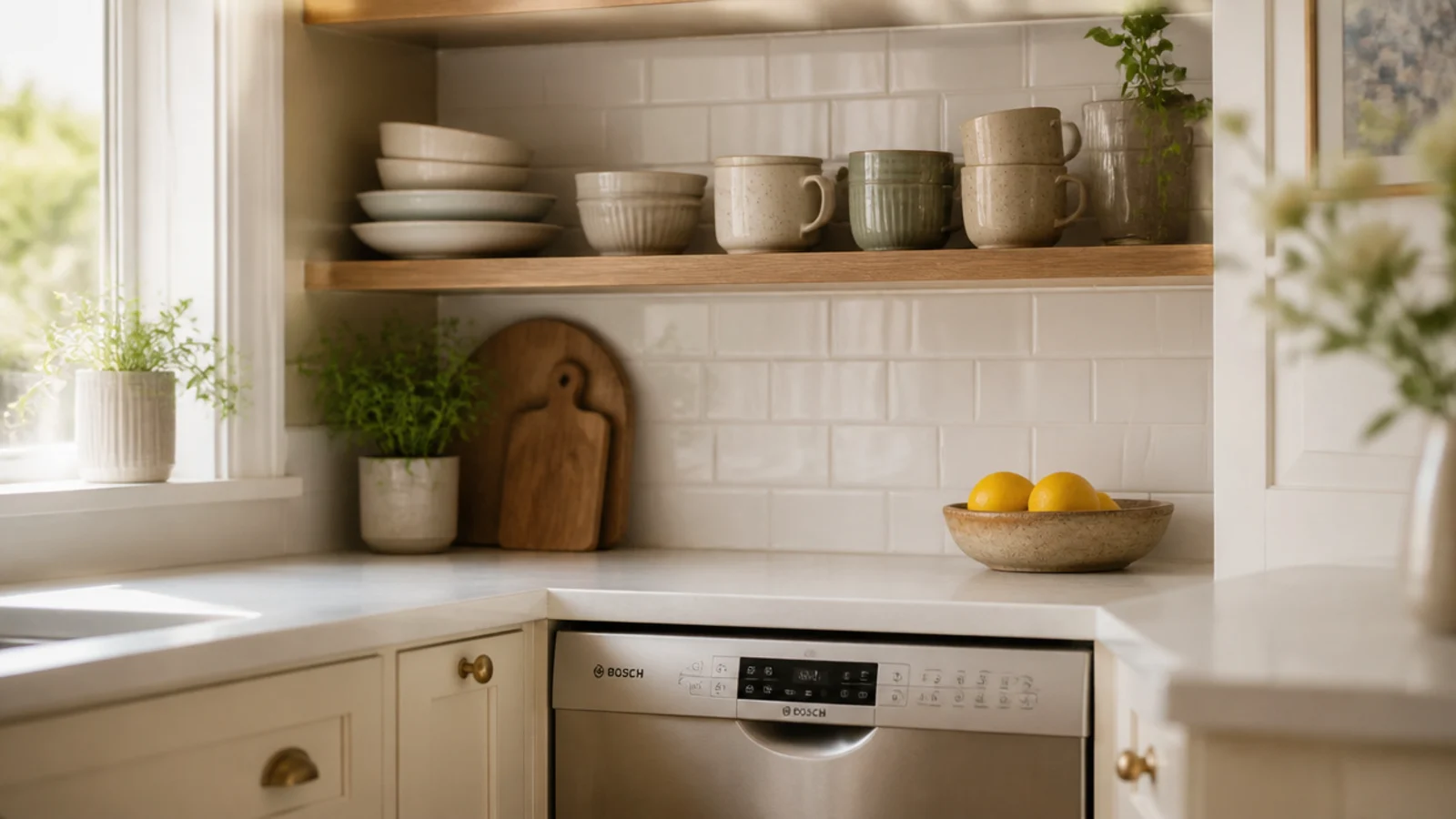 kitchen corner shelf above a dishwasher holding everyday bowls