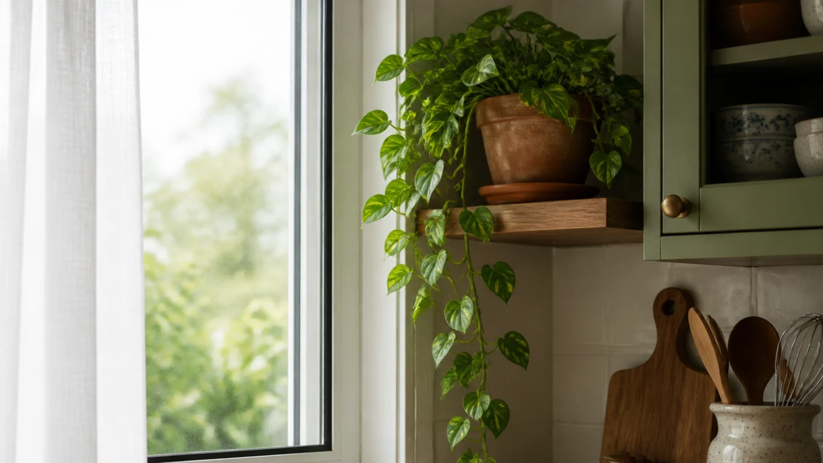 trailing plant on a small kitchen shelf beside a bright window