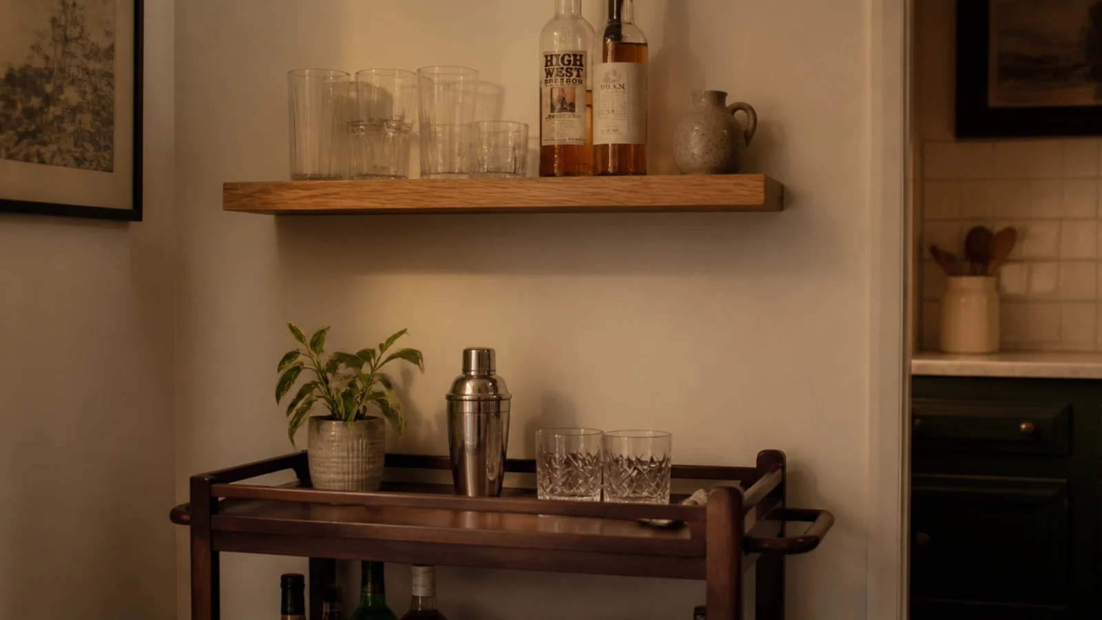 kitchen corner shelf above a small bar cart holding glasses and bottles
