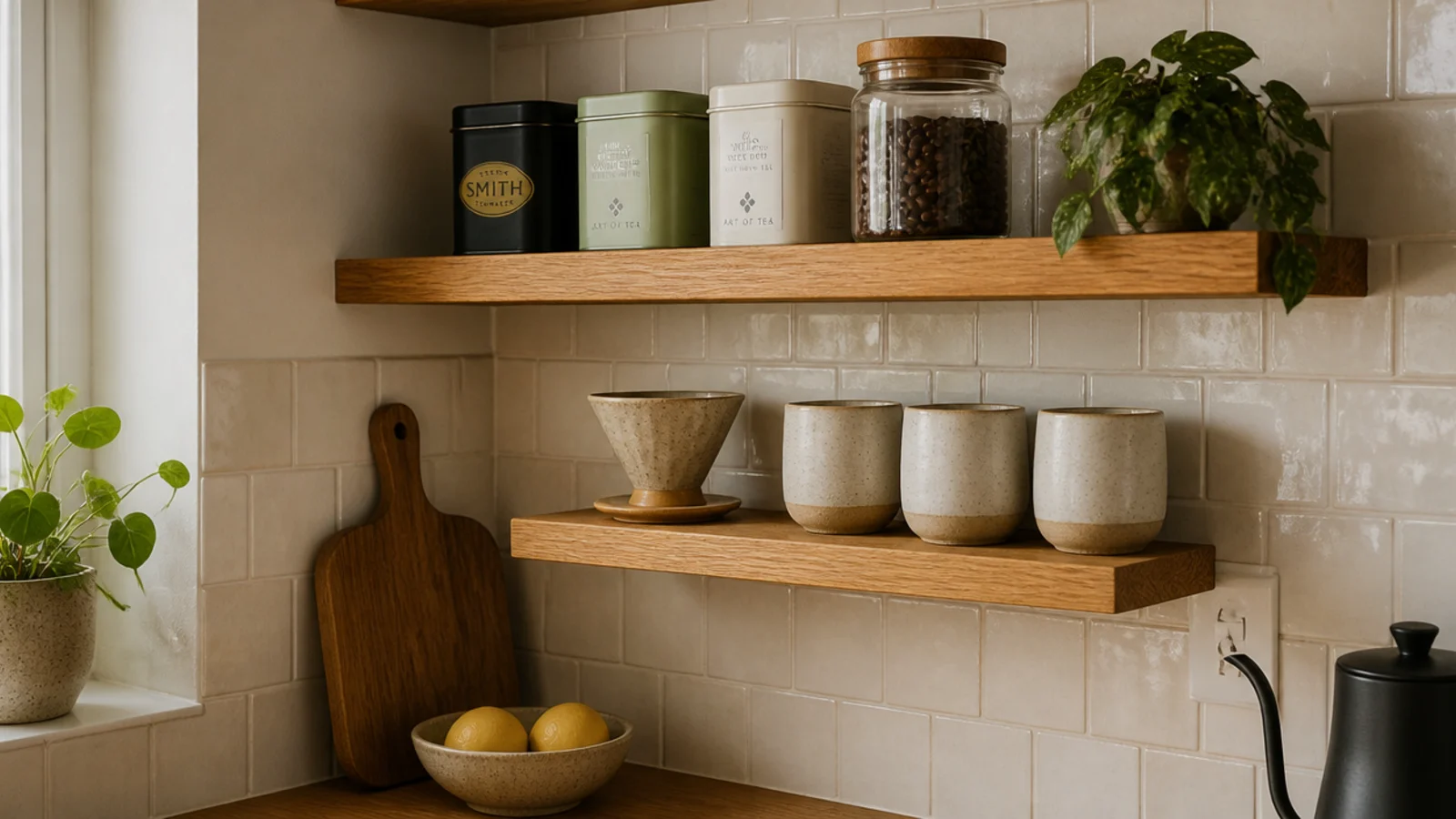 kitchen shelves holding tea tins coffee beans and stoneware cups