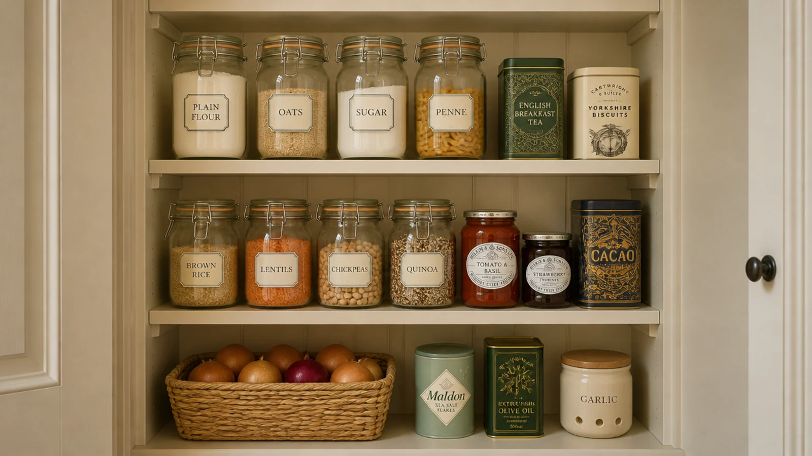 small shelves fitted into a pantry corner holding jars and tins