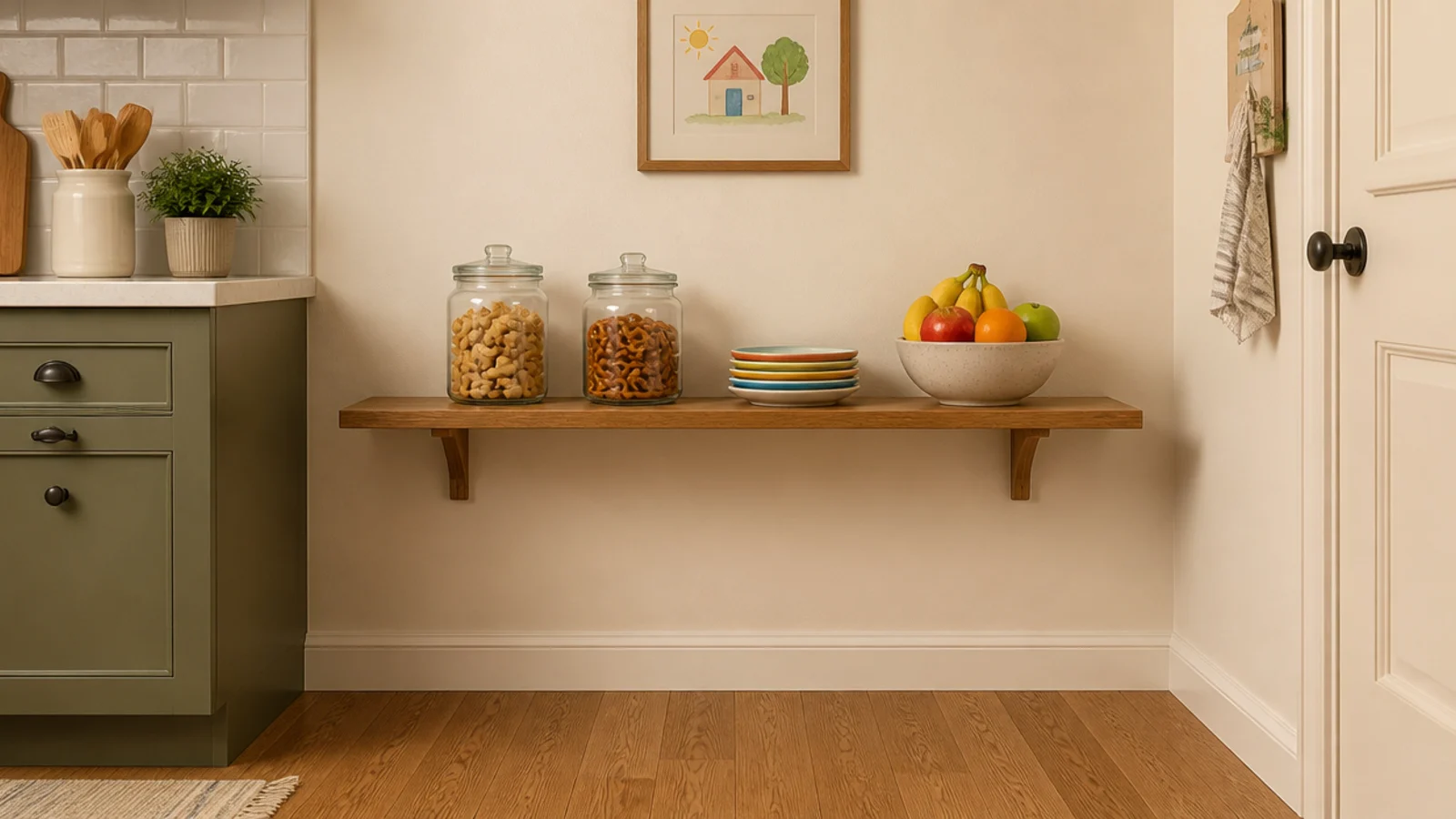 low kitchen corner shelf holding snack jars within a child reach