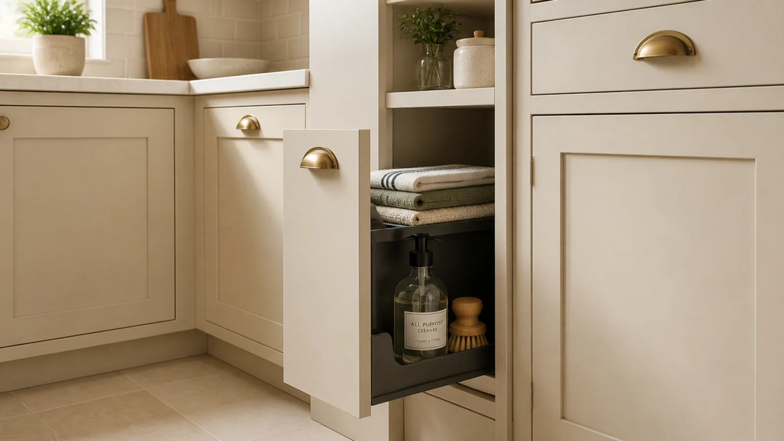kitchen corner shelf above a concealed bin pull out holding cloths