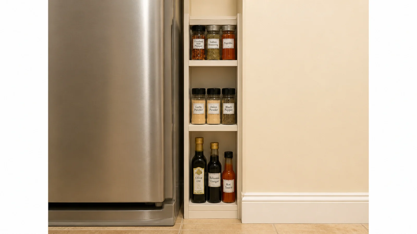 very narrow shelf fitted into the gap beside a refrigerator