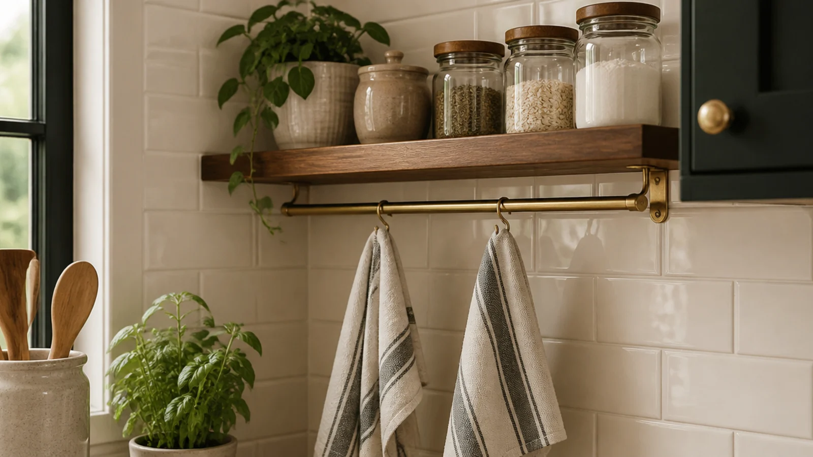 linen dish towels hanging from a rail under a kitchen corner shelf