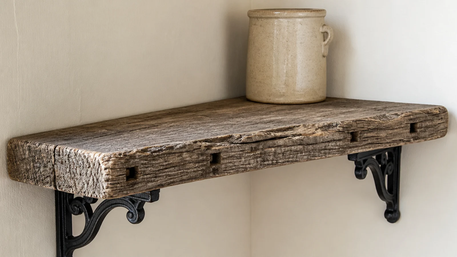 weathered barn board corner shelf on black iron brackets holding a crock