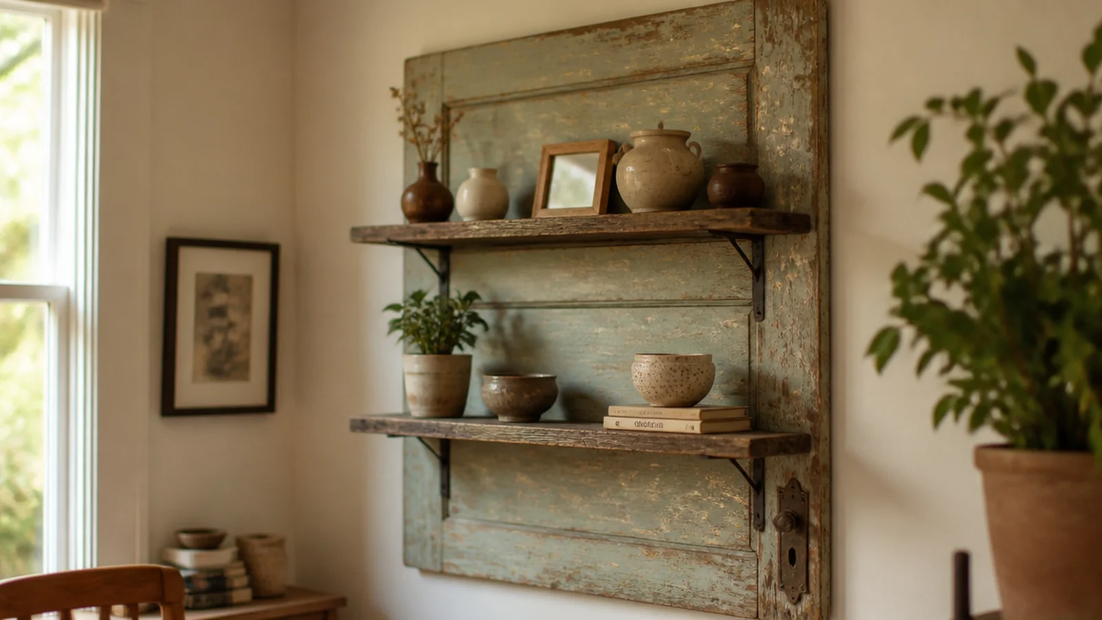 old salvaged door panel mounted behind rustic corner shelving