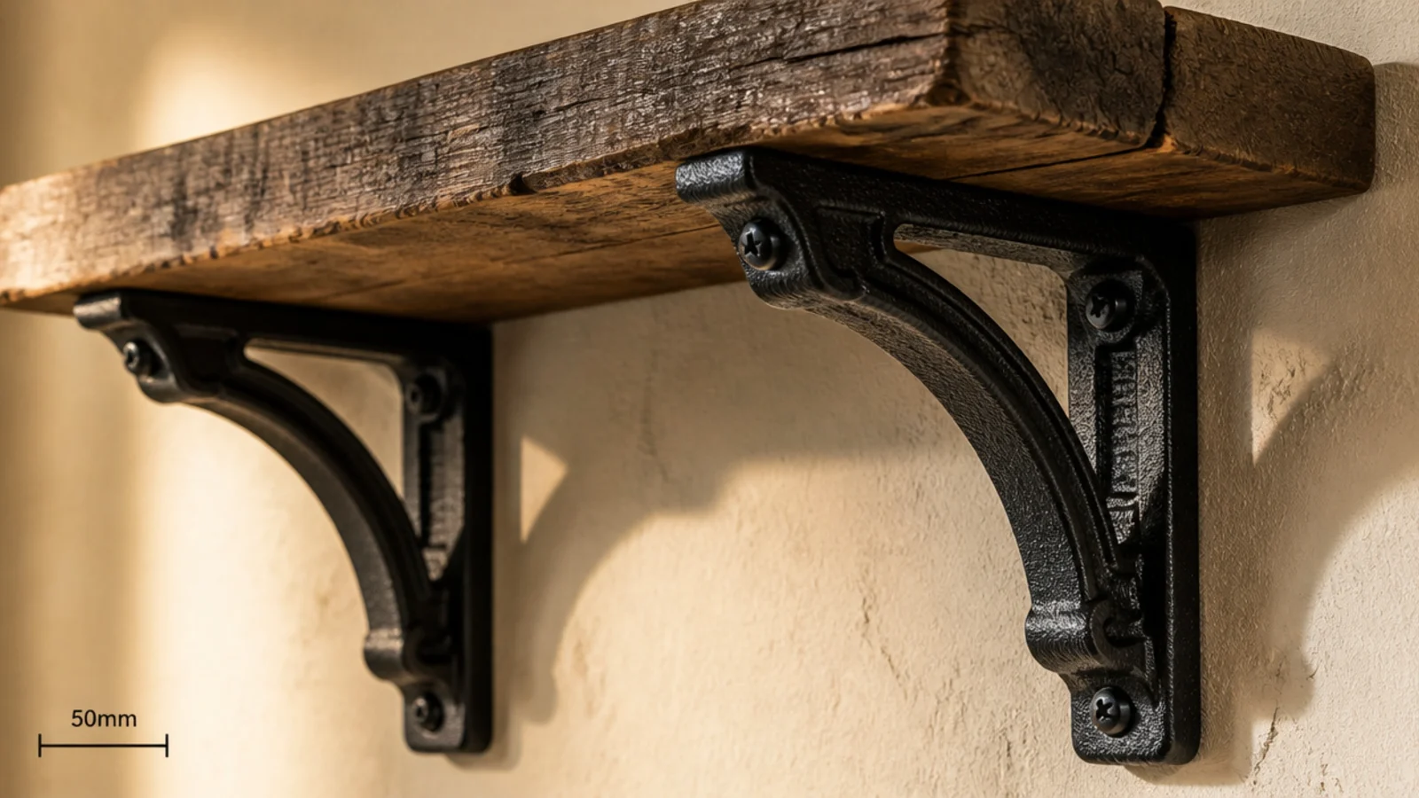 heavy black cast iron shelf brackets supporting a thick timber board
