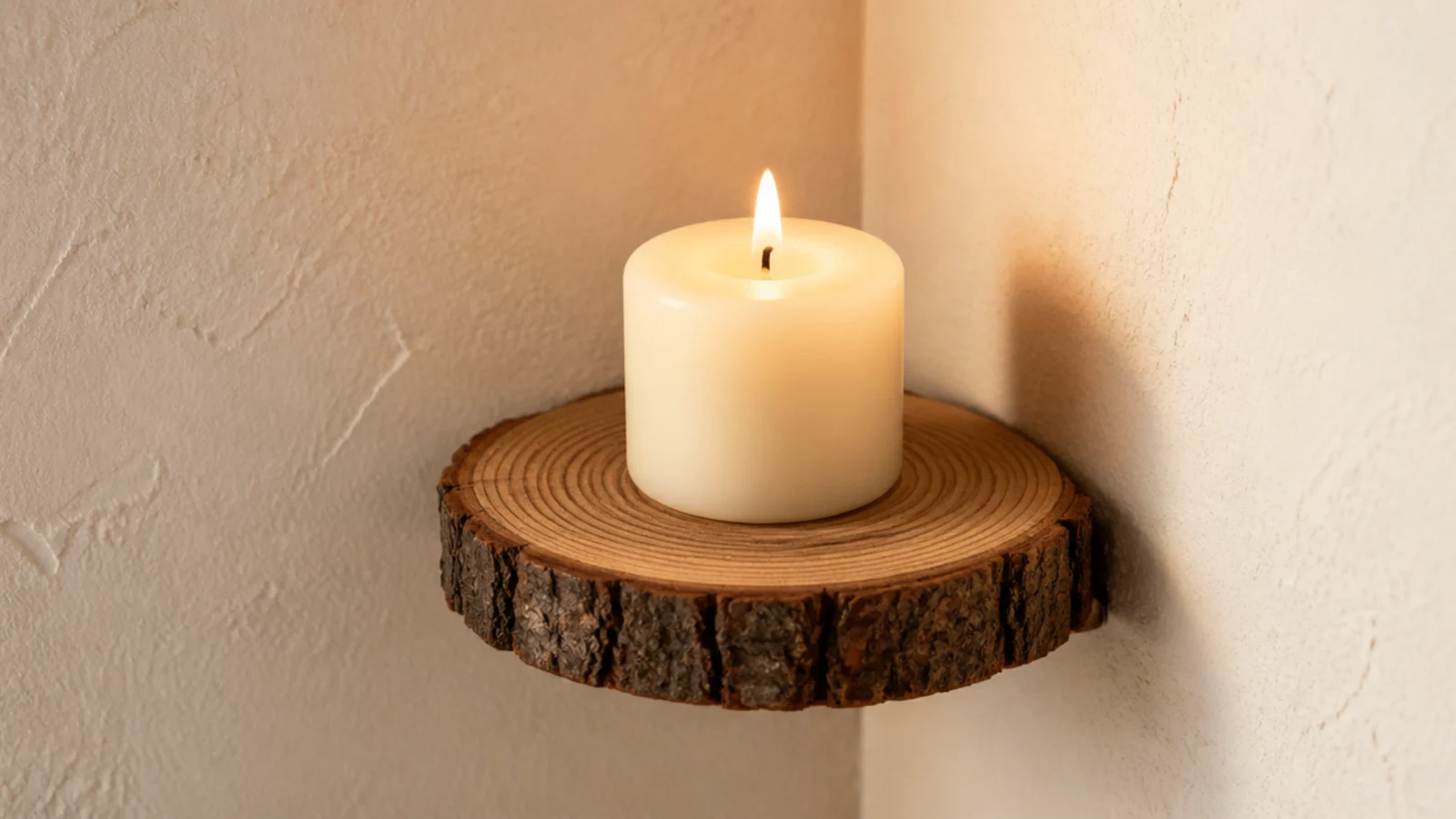 round log slice mounted as a small rustic shelf holding a candle