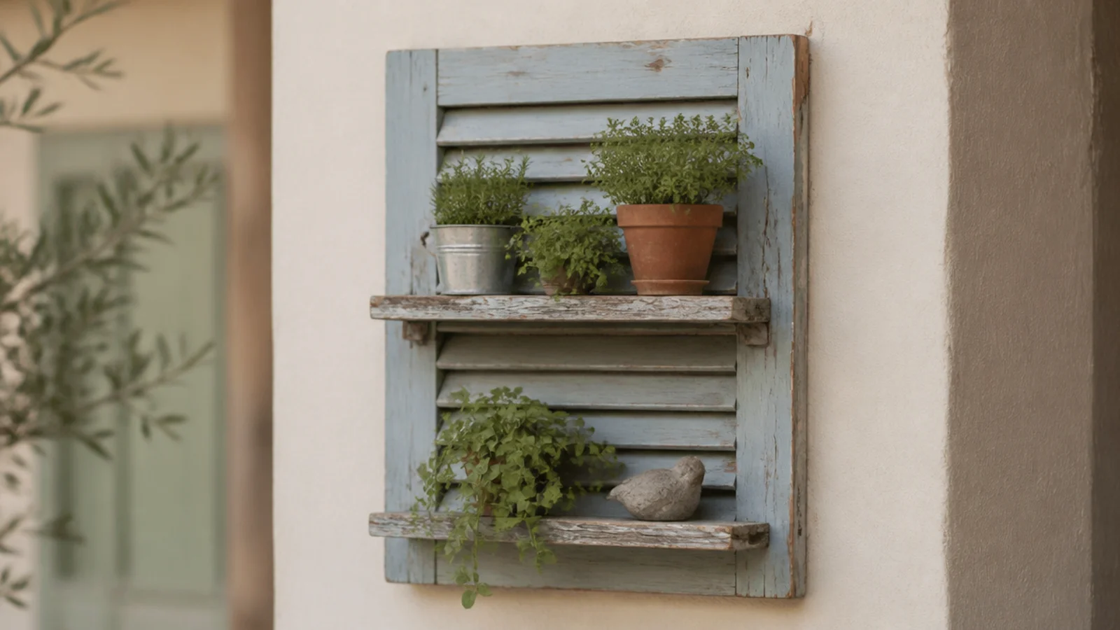 weathered wooden shutter mounted flat behind small rustic shelves