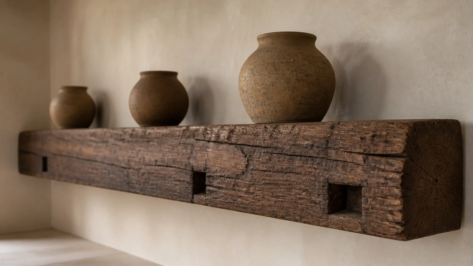 thick reclaimed timber beam mounted as one deep rustic corner shelf