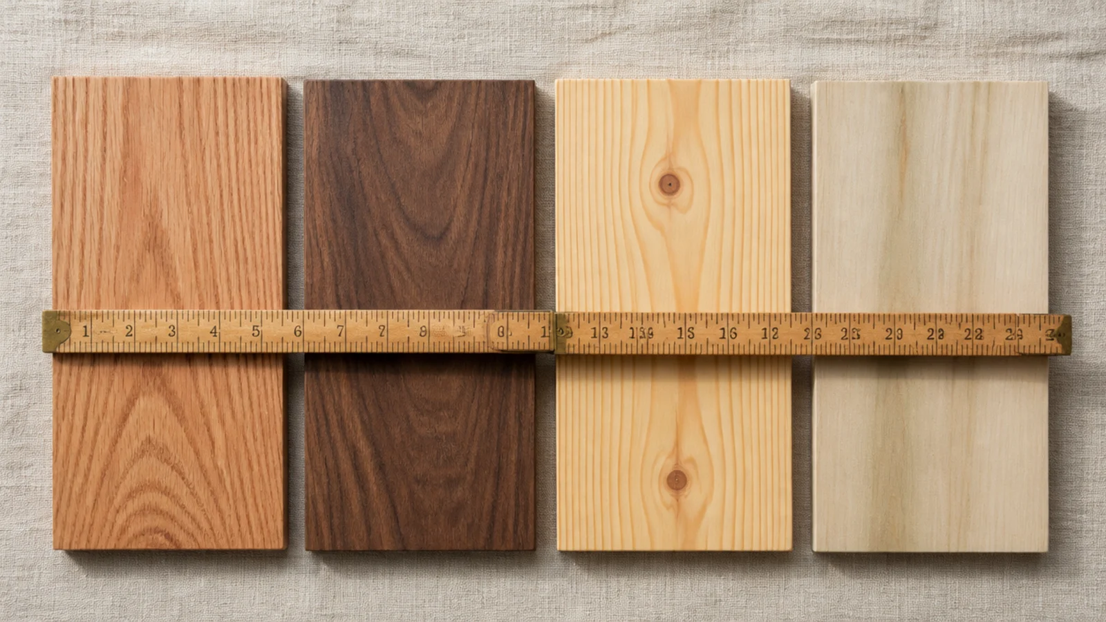 oak walnut pine and poplar board samples laid out for comparison
