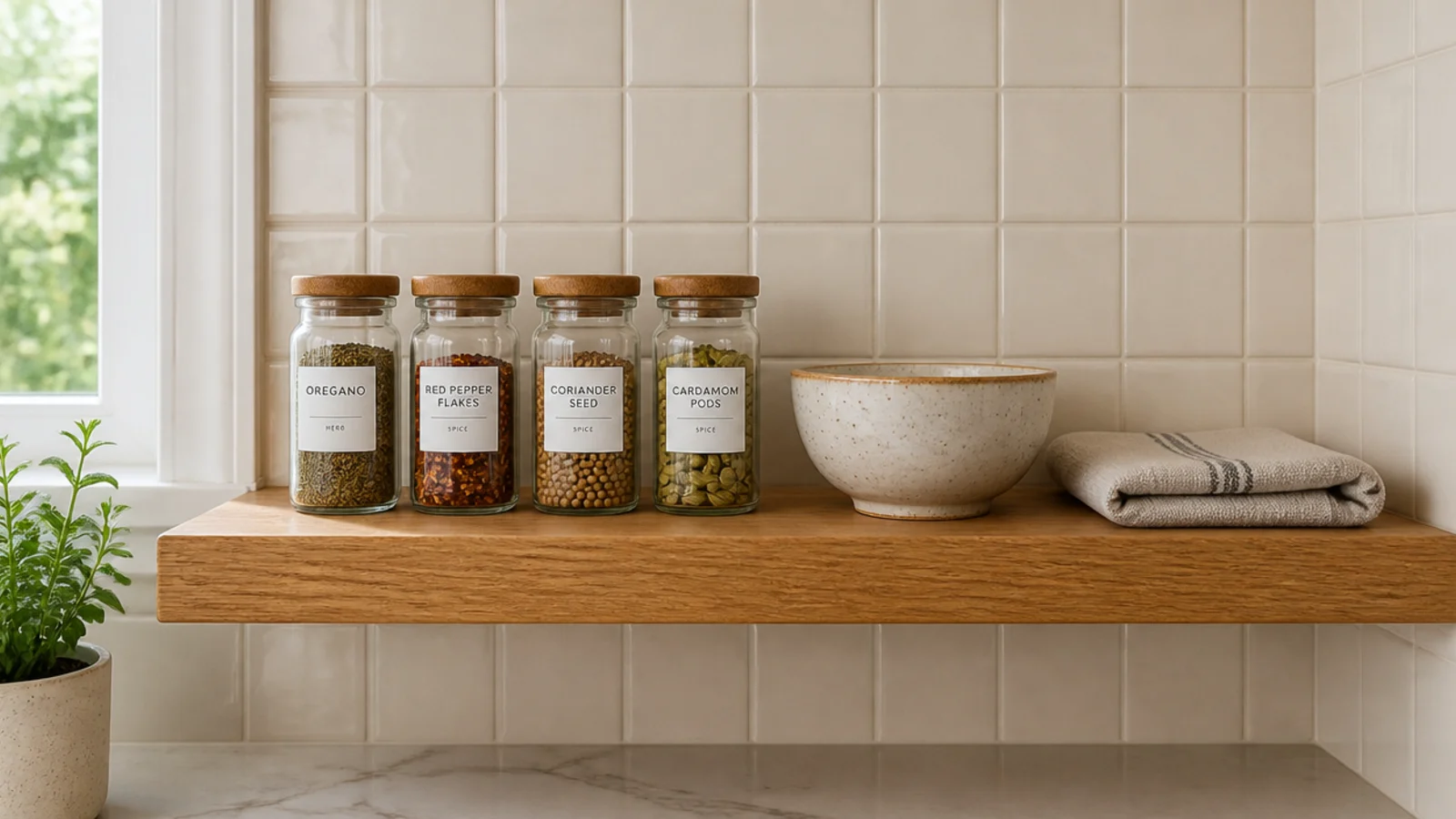 oak kitchen corner shelf with a clear wipeable polyurethane finish