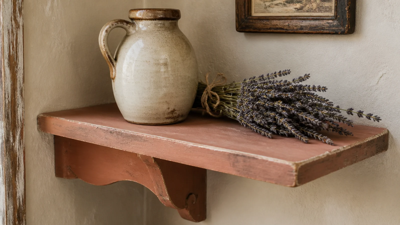 chalky milk painted corner shelf in soft clay tone with worn edges