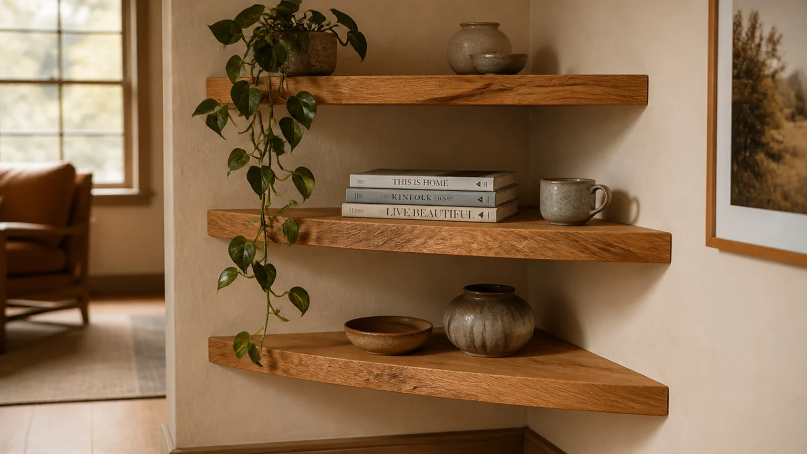 gorgeous wooden corner shelves in warm oak styled with pottery and greenery