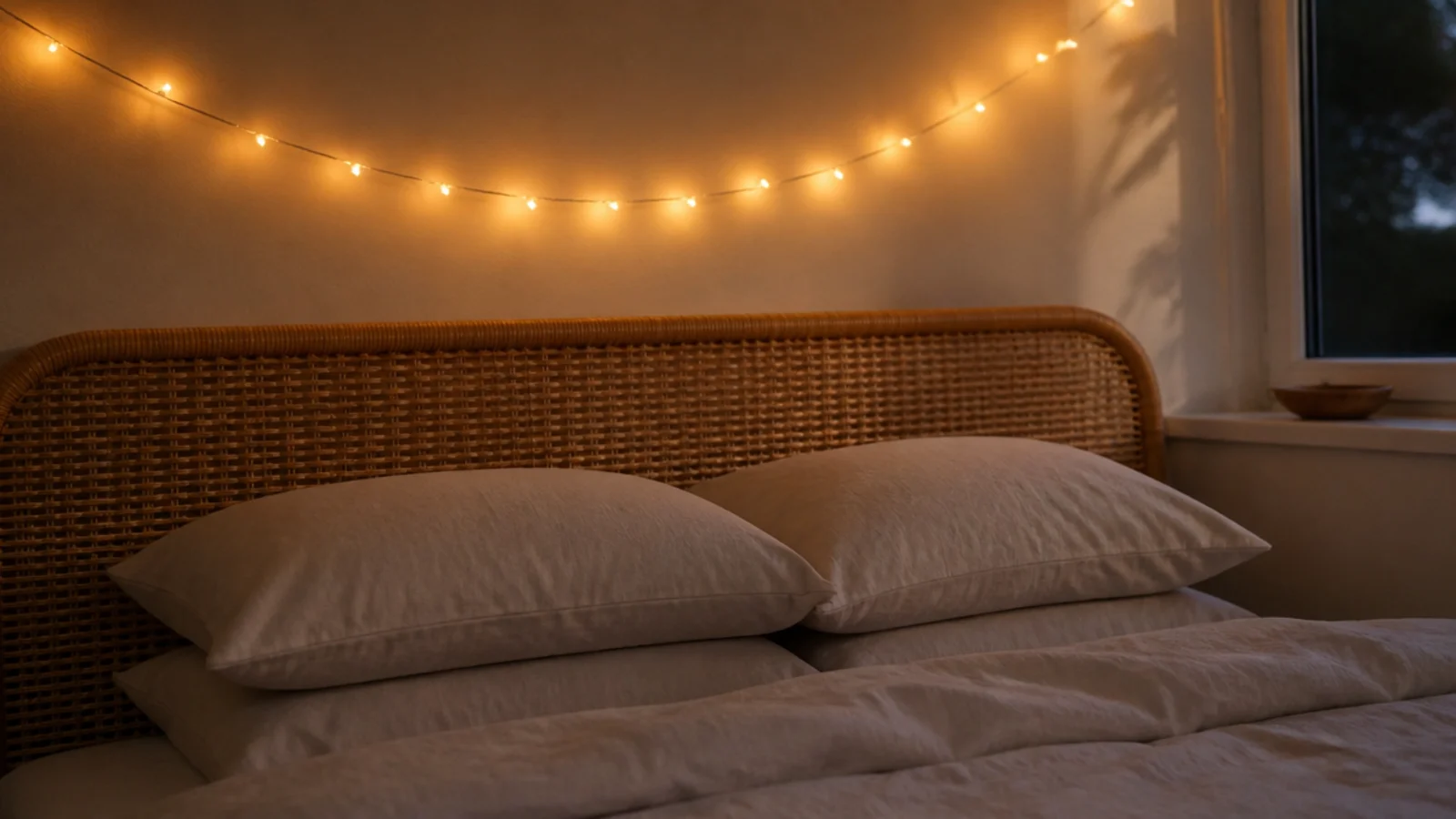shallow curve of warm lights fixed above a rattan bedroom headboard