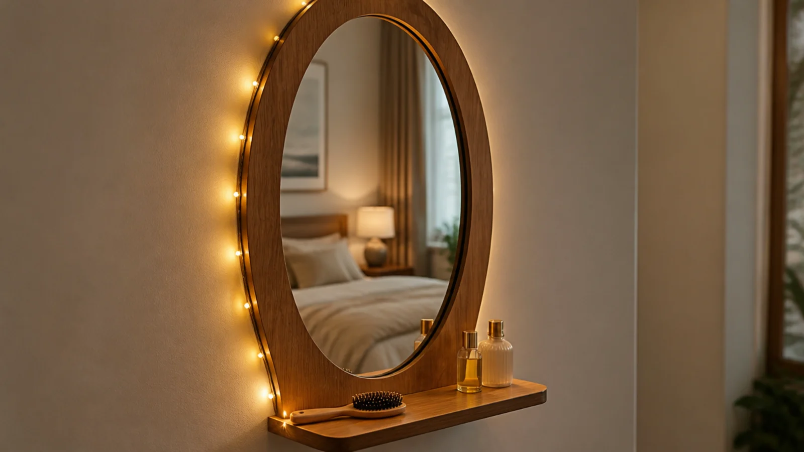 oval dressing mirror edged with fine warm lights on a bedroom wall