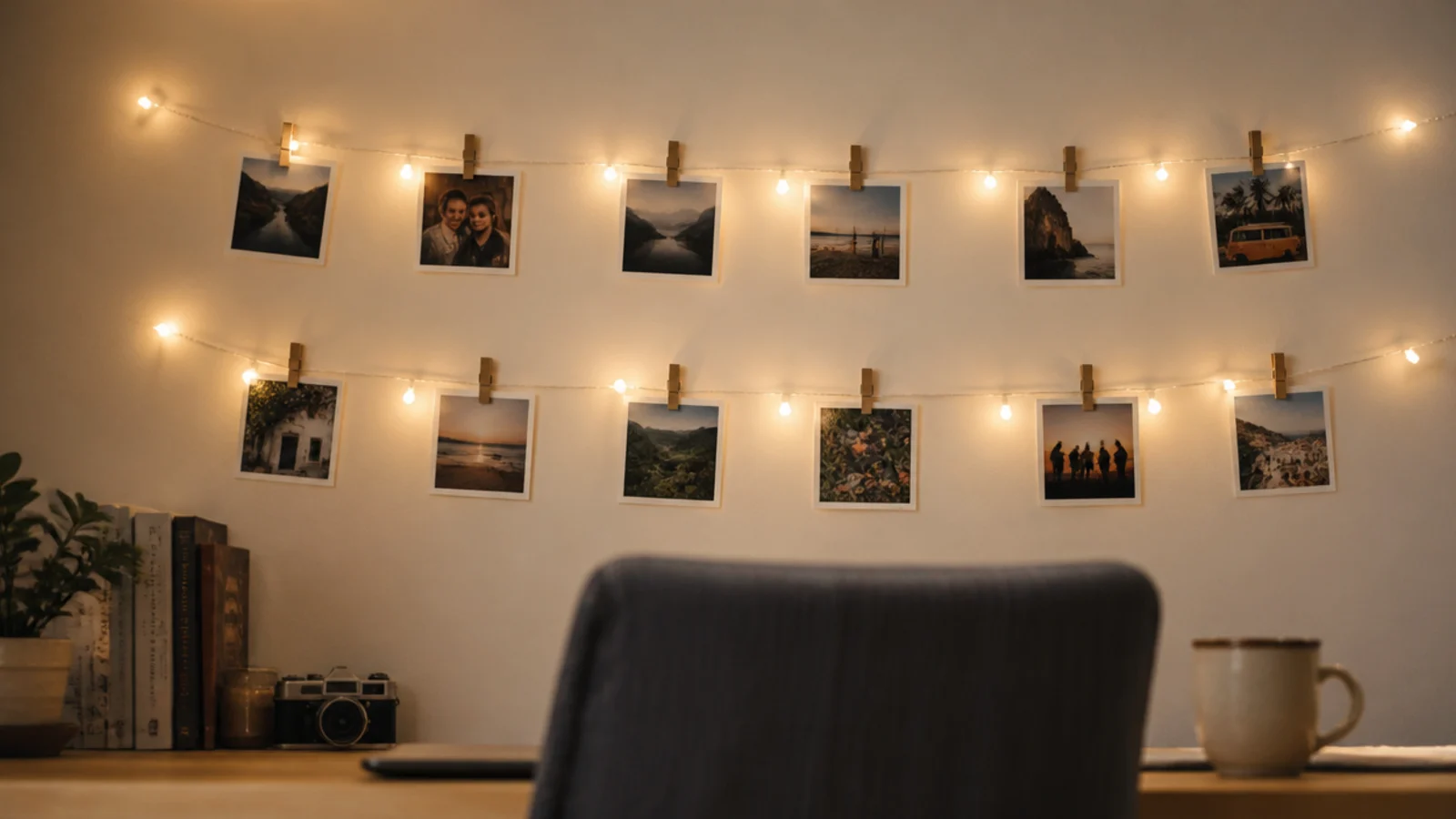small prints pegged along two lit strands across a bedroom wall