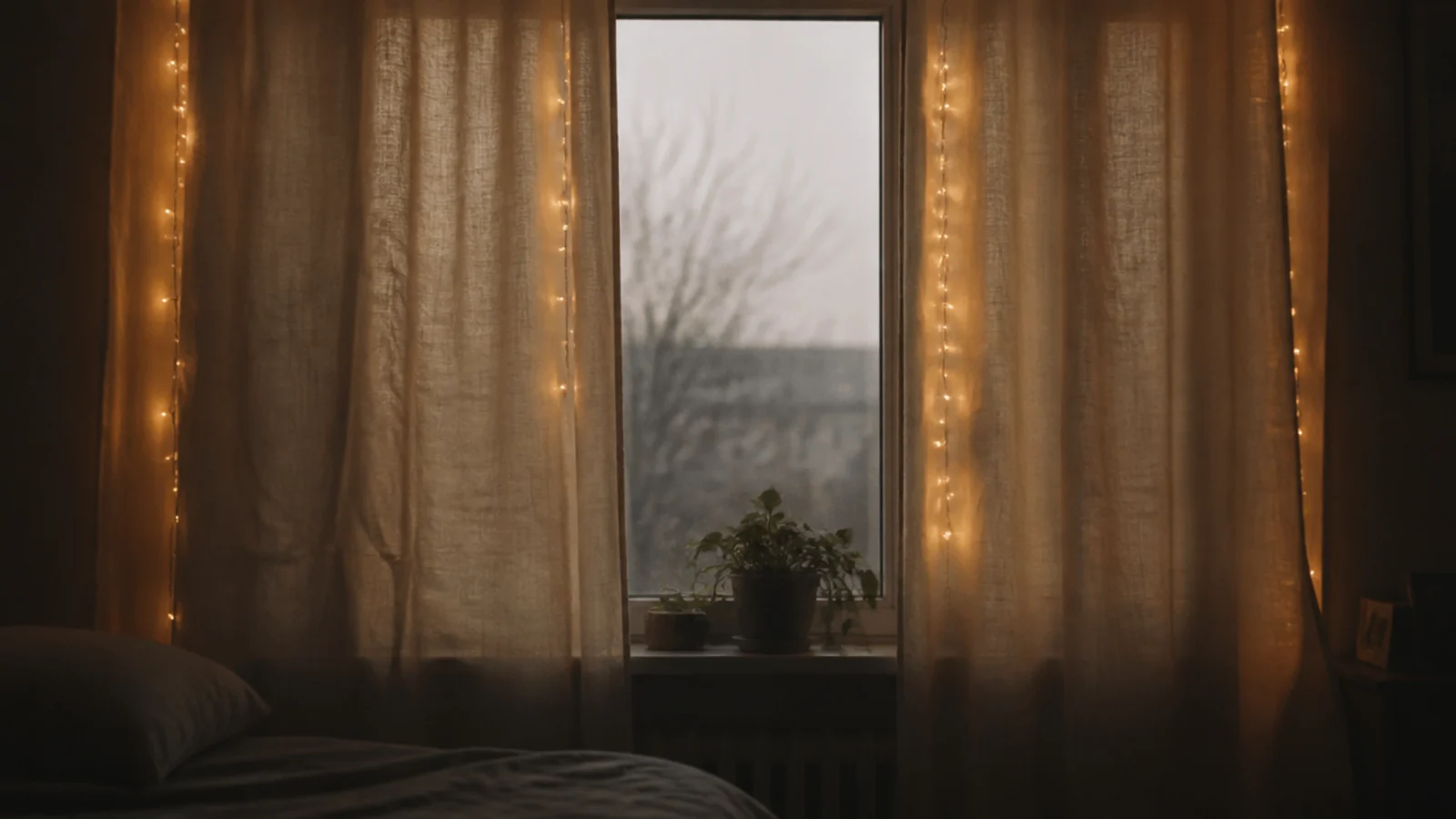 lights around a window frame partly hidden by drawn curtains