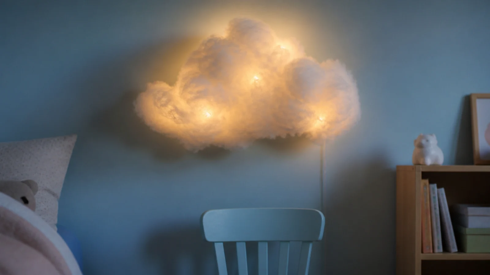 cotton wadding cloud shape on a bedroom wall with lights inside