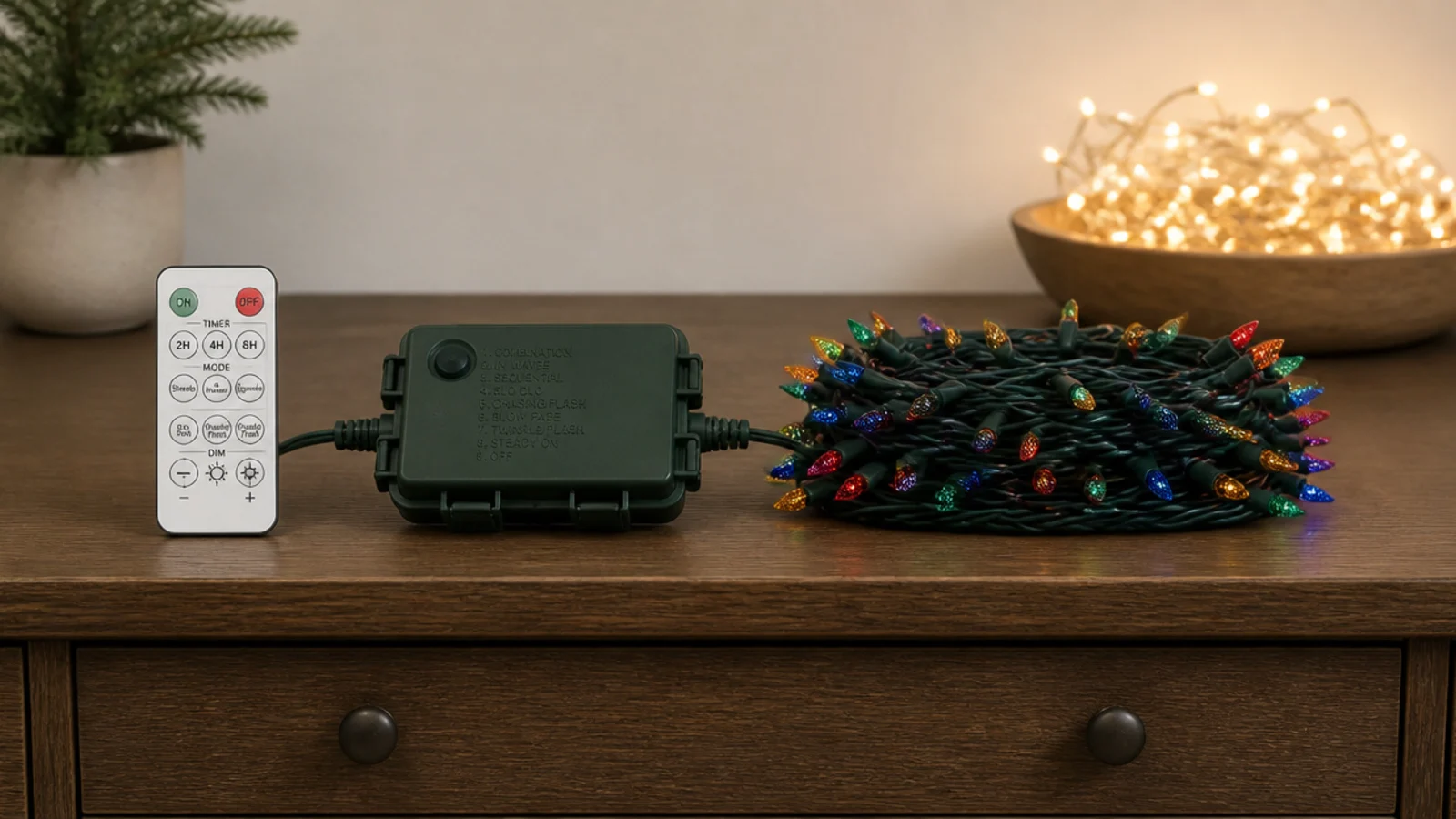 remote control and receiver box beside a coiled colour changing strand