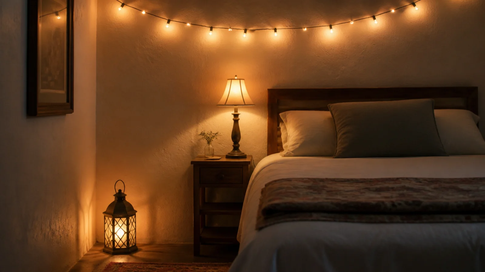 three separate warm light sources glowing at different heights in one room