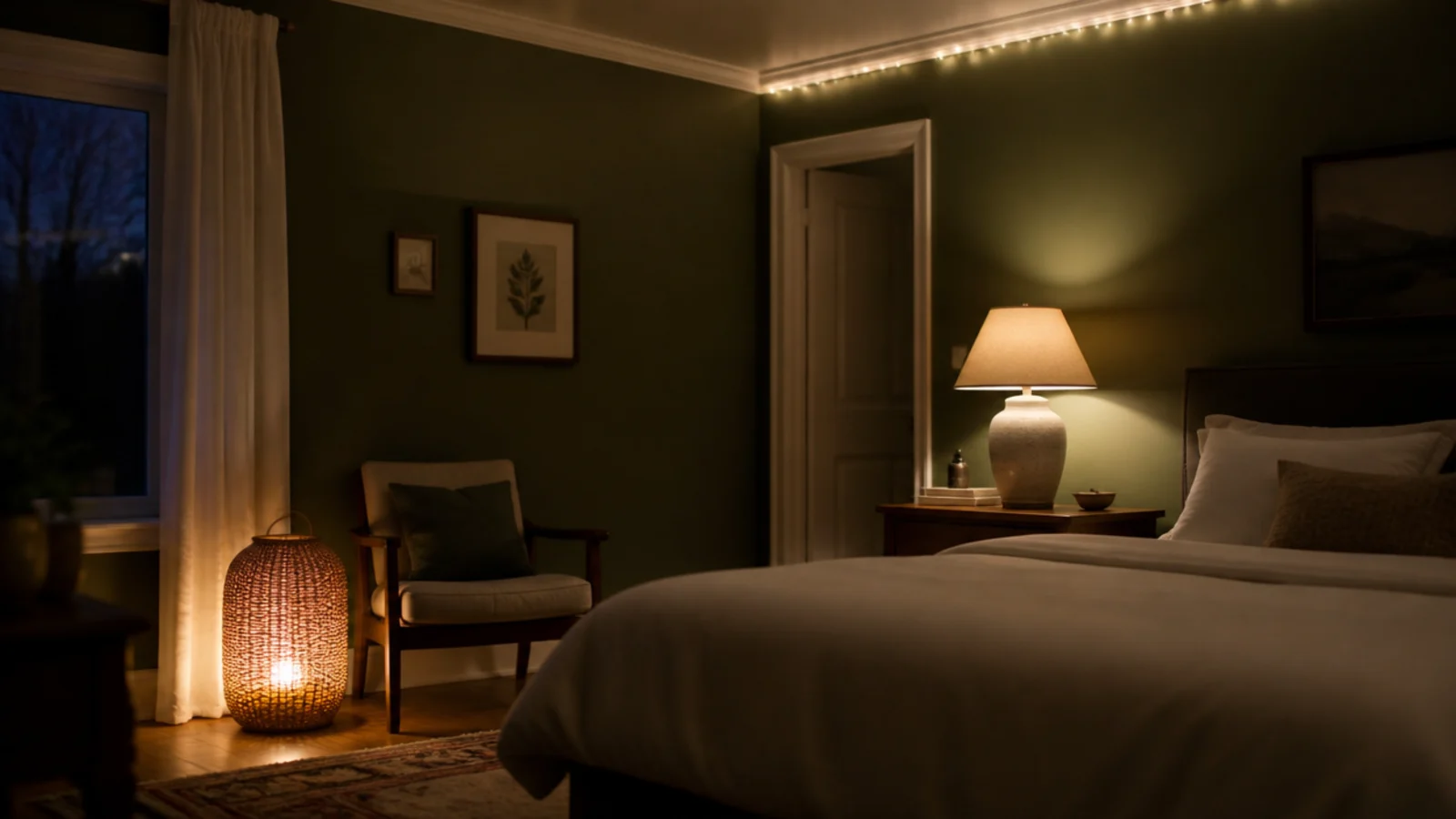 bedroom lit from floor lantern bedside lamp and ceiling level string