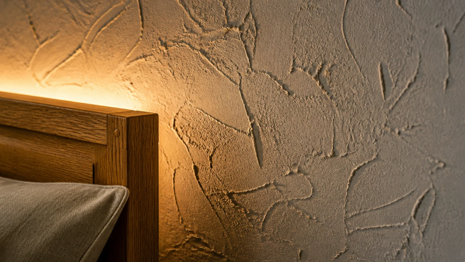raking warm light revealing the grain of a rough plaster bedroom wall