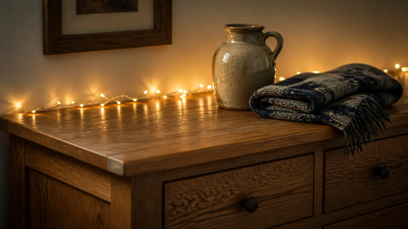 warm lights reflecting off an oak dresser top into a dim bedroom