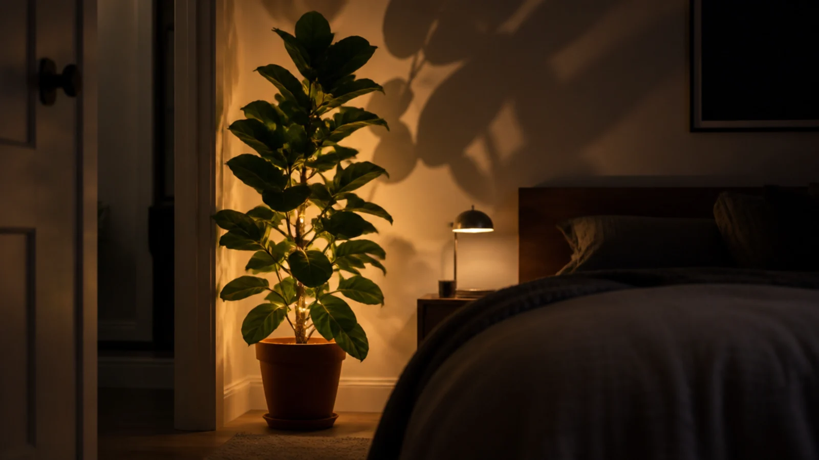 tall potted plant backlit by concealed warm lights throwing leaf shadows