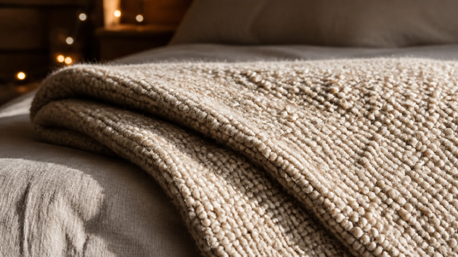 chunky wool throw and linen sheets lit at a low grazing angle