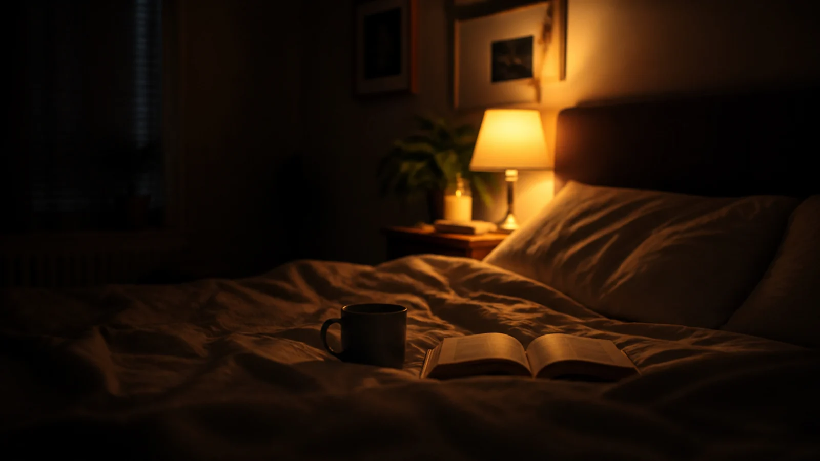 single concentrated glow beside a bed with the rest of the room dim