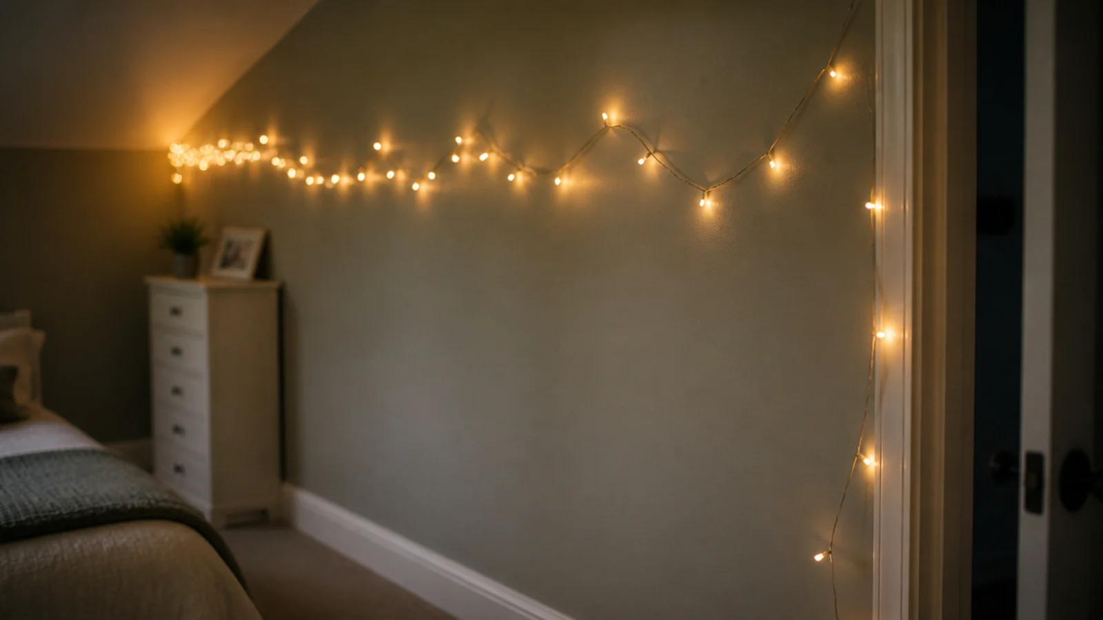 string lights bunched tightly in a corner and spaced out along a wall