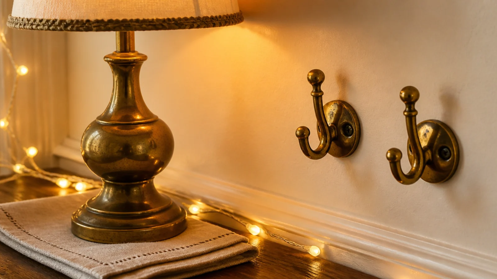 brass lamp base and hooks glowing under matching warm string light