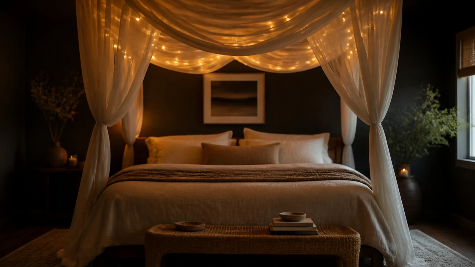 light threaded canopy softened by a loose muslin layer above a bed