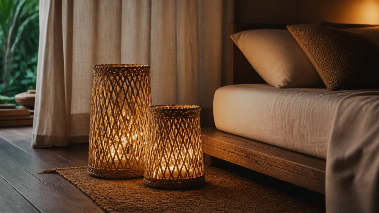 two woven floor lanterns glowing beside a low platform bedroom bed