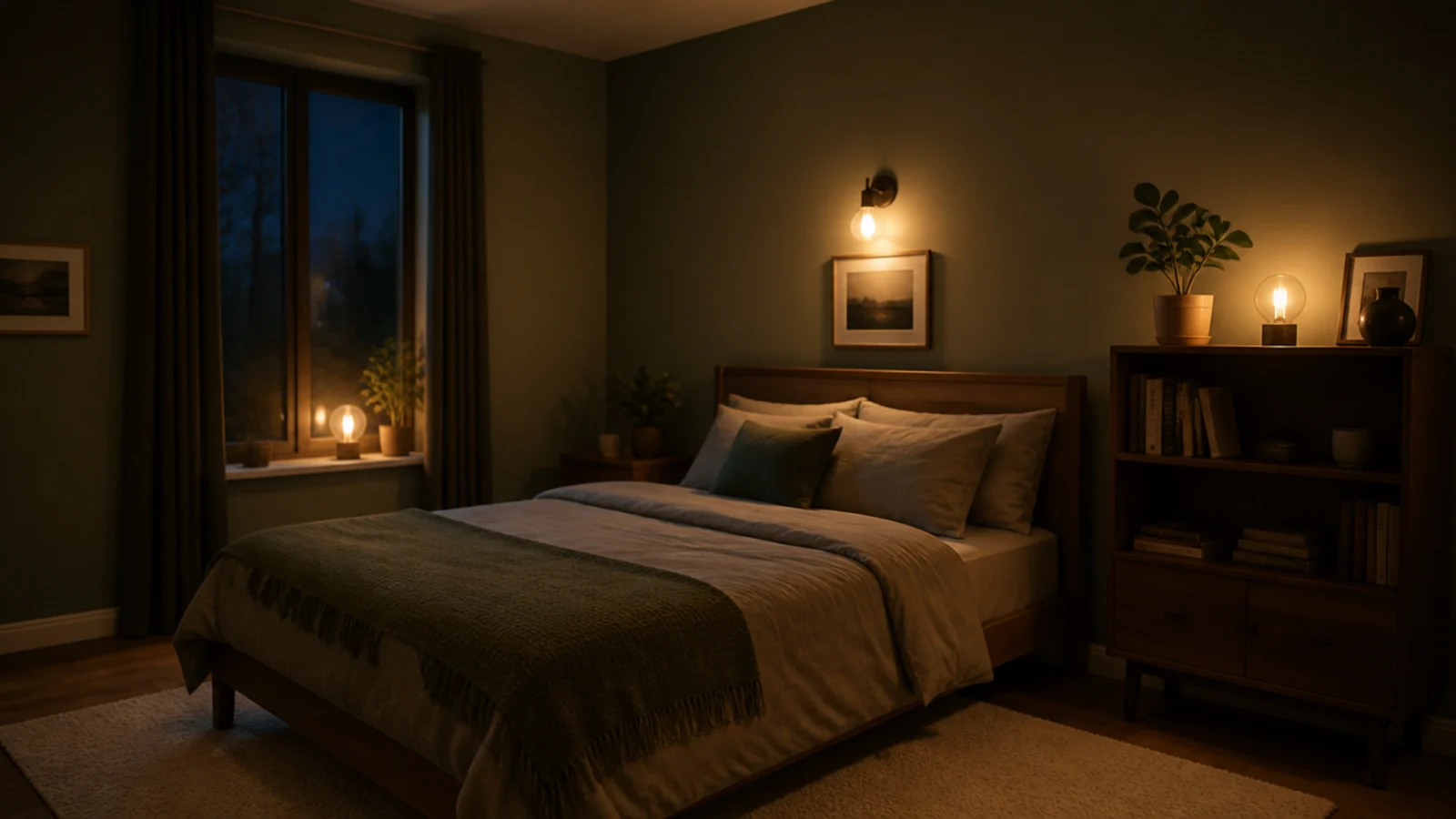 three matching amber light points spaced around a dim bedroom