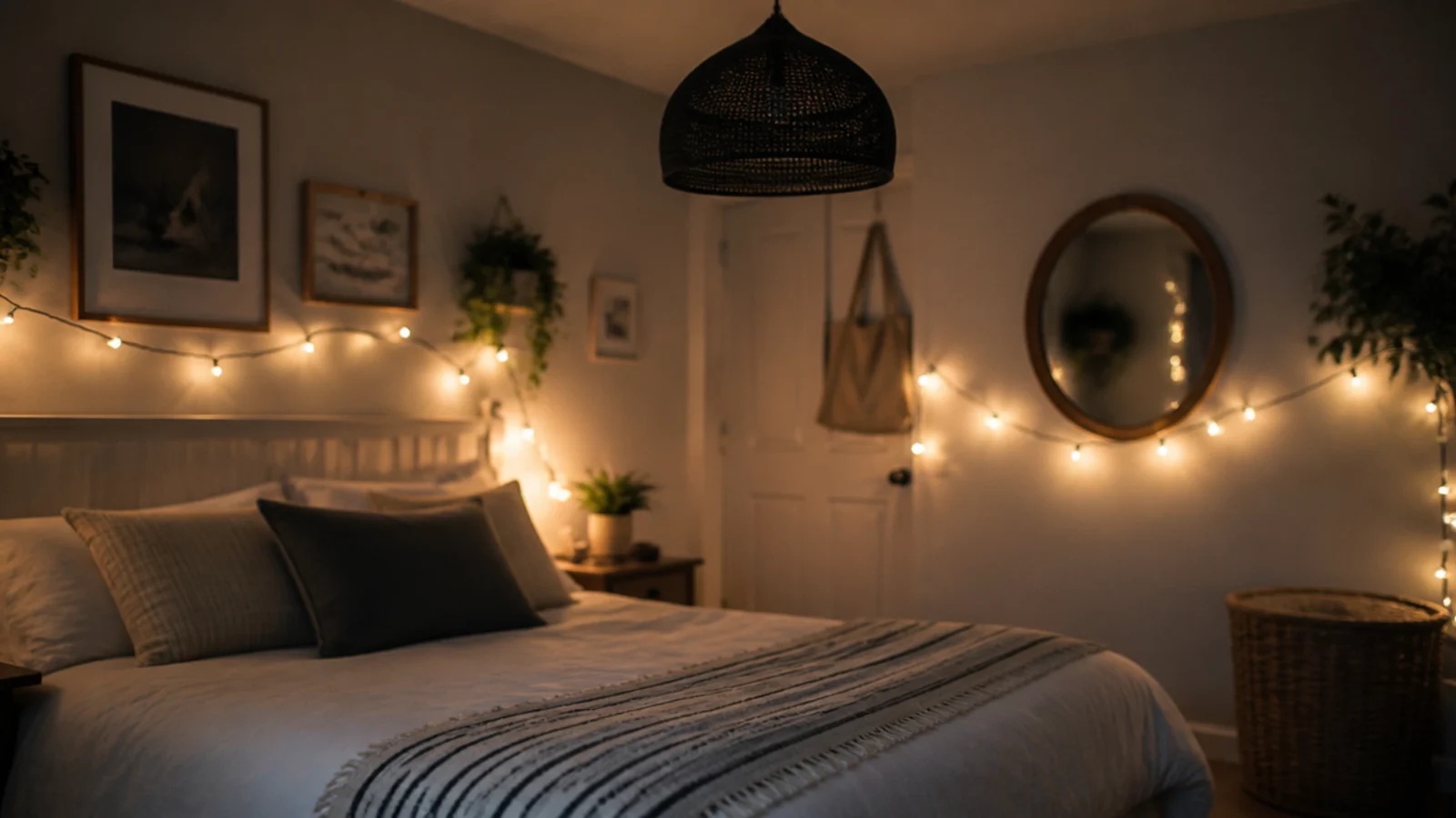 dark unused ceiling pendant above a bedroom lit only by warm strings