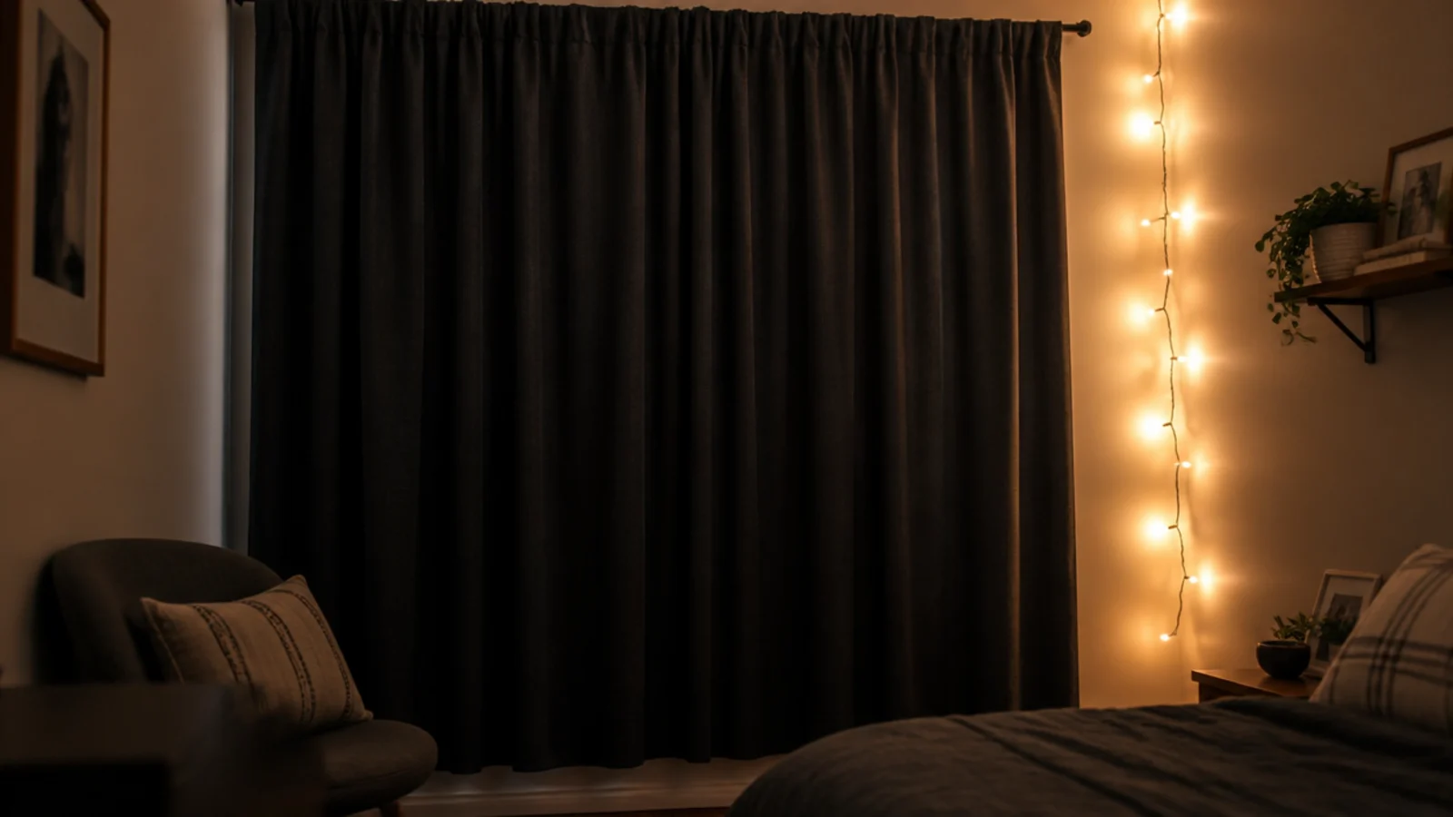 heavy dark curtain drawn beside a wall of warm glowing lights