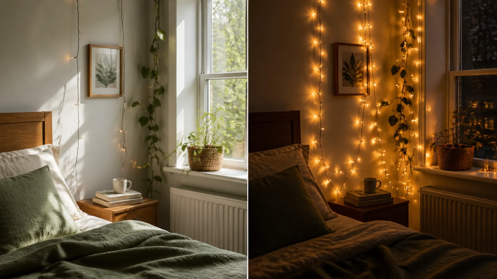 single sparse summer light strand beside a denser winter arrangement
