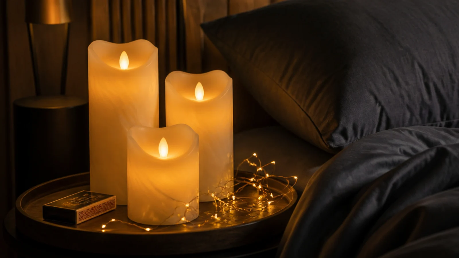 flickering LED pillar candles grouped beside a lit bedroom string