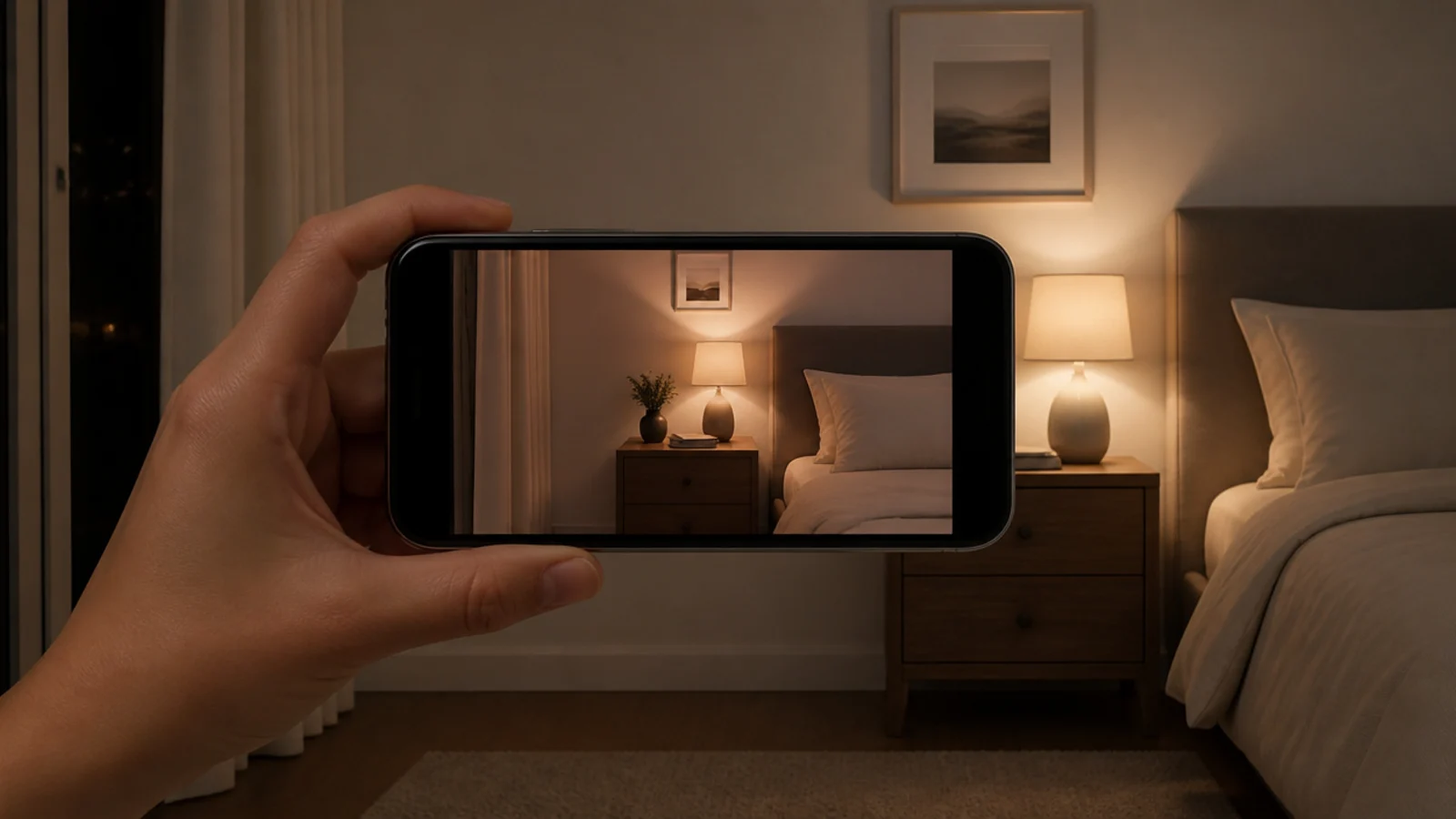 phone screen showing a night photo of a warmly lit bedroom corner