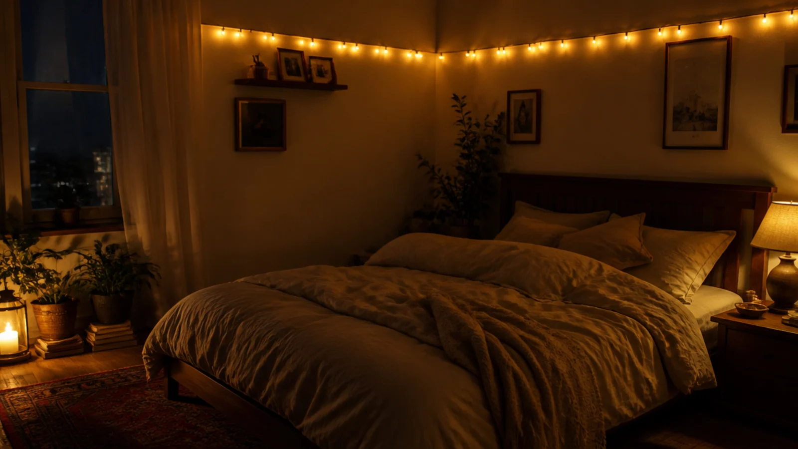 cozy bedroom aesthetic fairy lights layered over linen bedding and warm timber