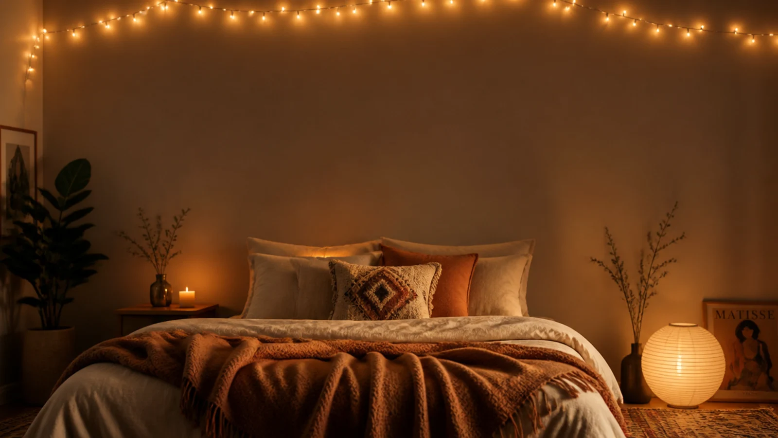 tall cozy bedroom aesthetic view with amber fairy lights and layered textiles