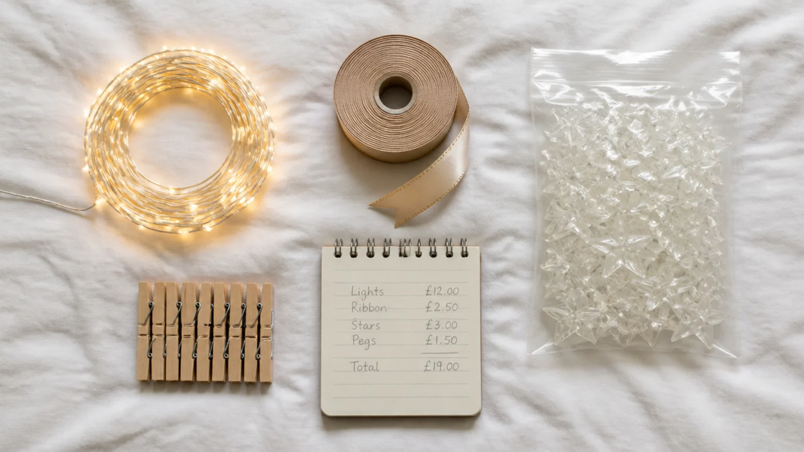 coins ribbon and bulb covers laid beside a coiled light strand
