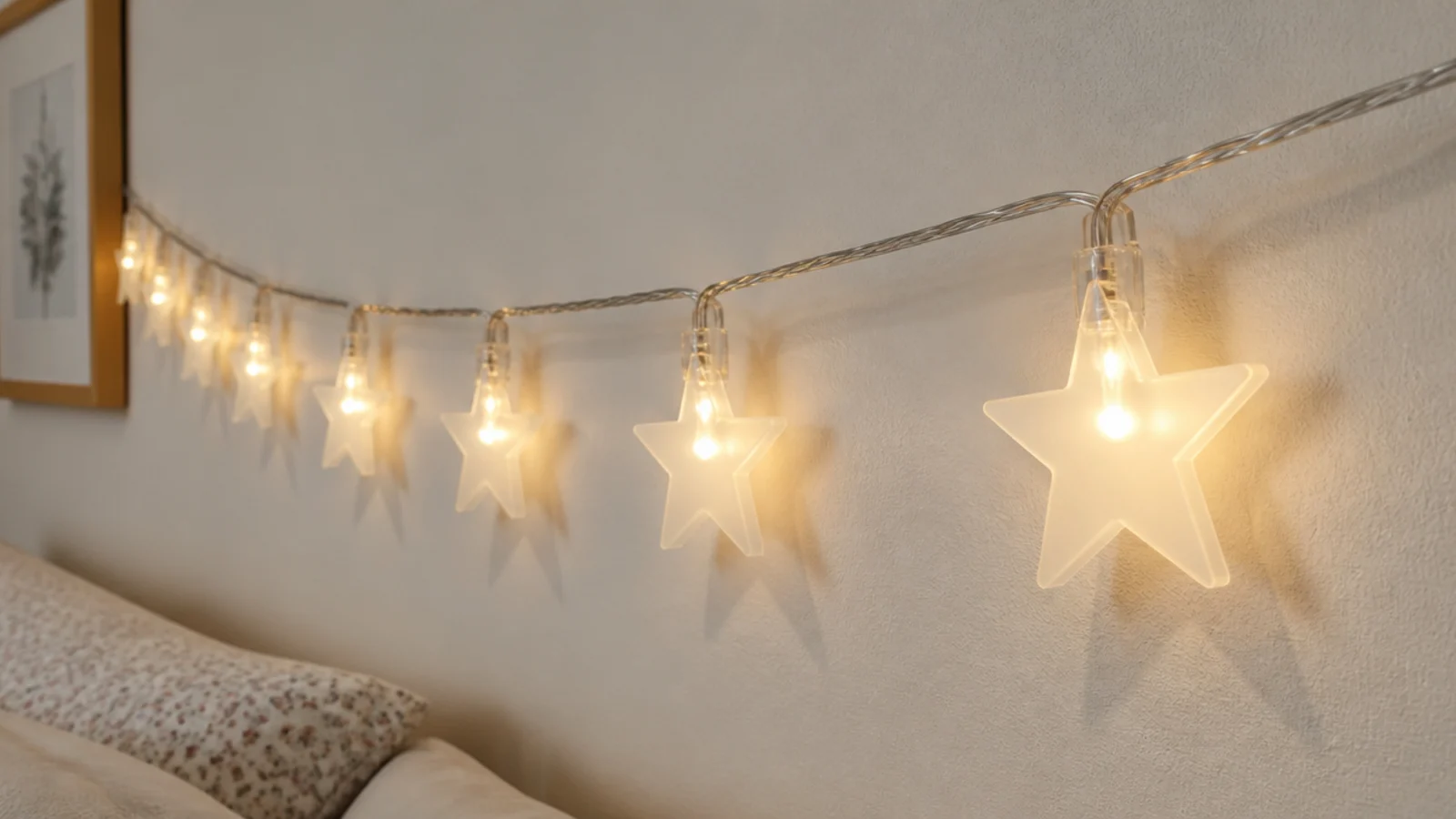 translucent star shaped covers fitted over bulbs on a strand